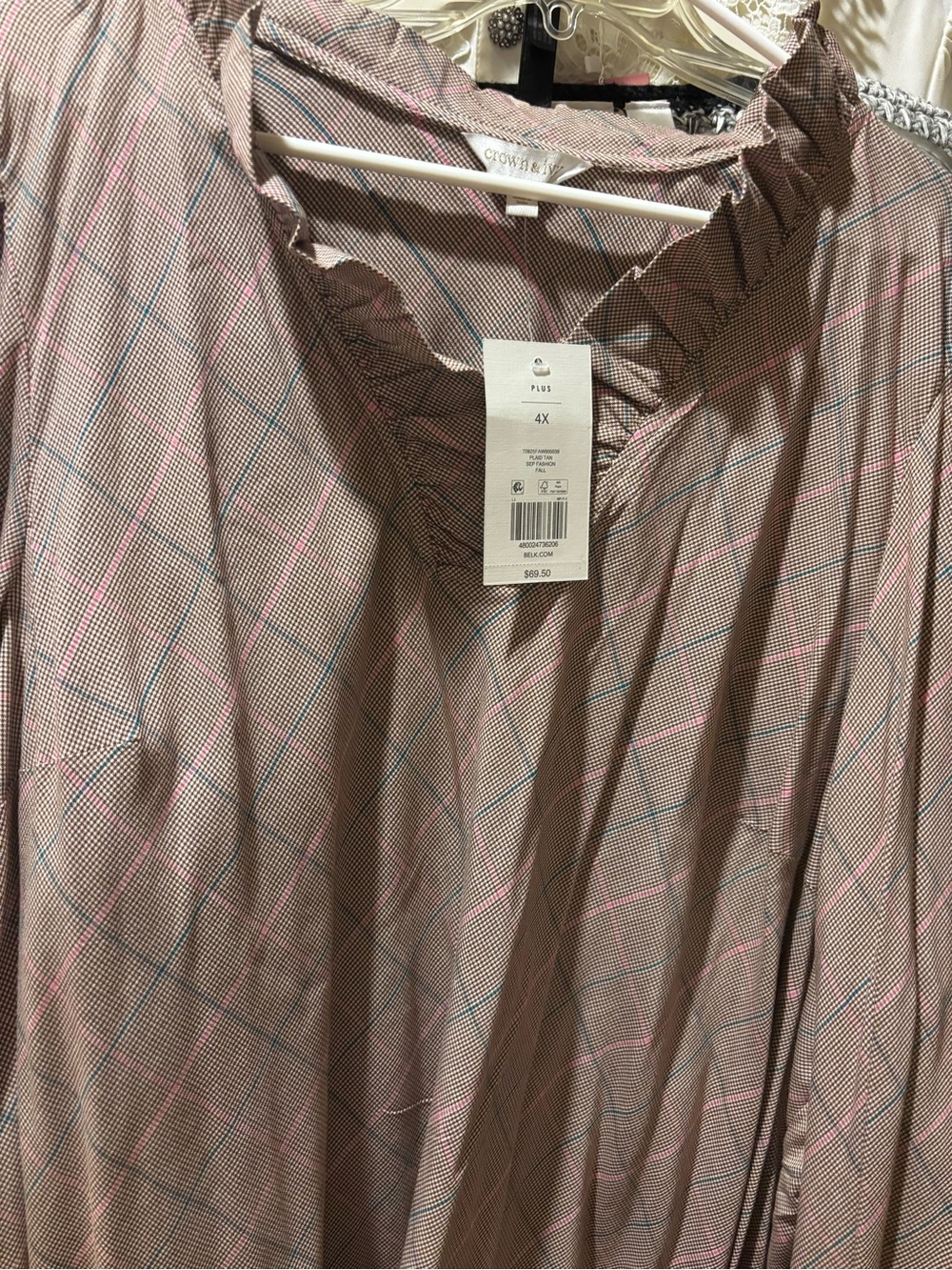 crown & ivy Pink Multi Plaid Ruffled-Neck Blouse